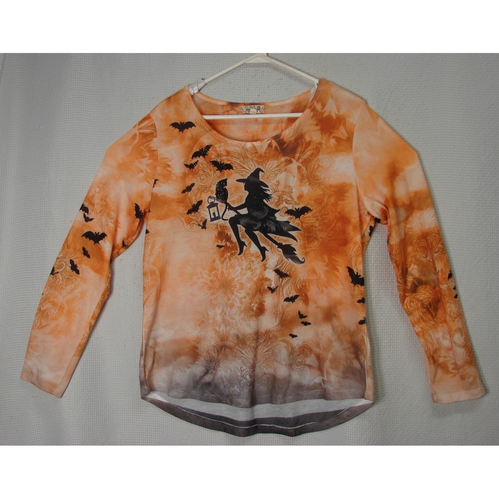 One World Shirt Sz L Orange Black Knit Scoop Neck Halloween Witch Black Cat Bat